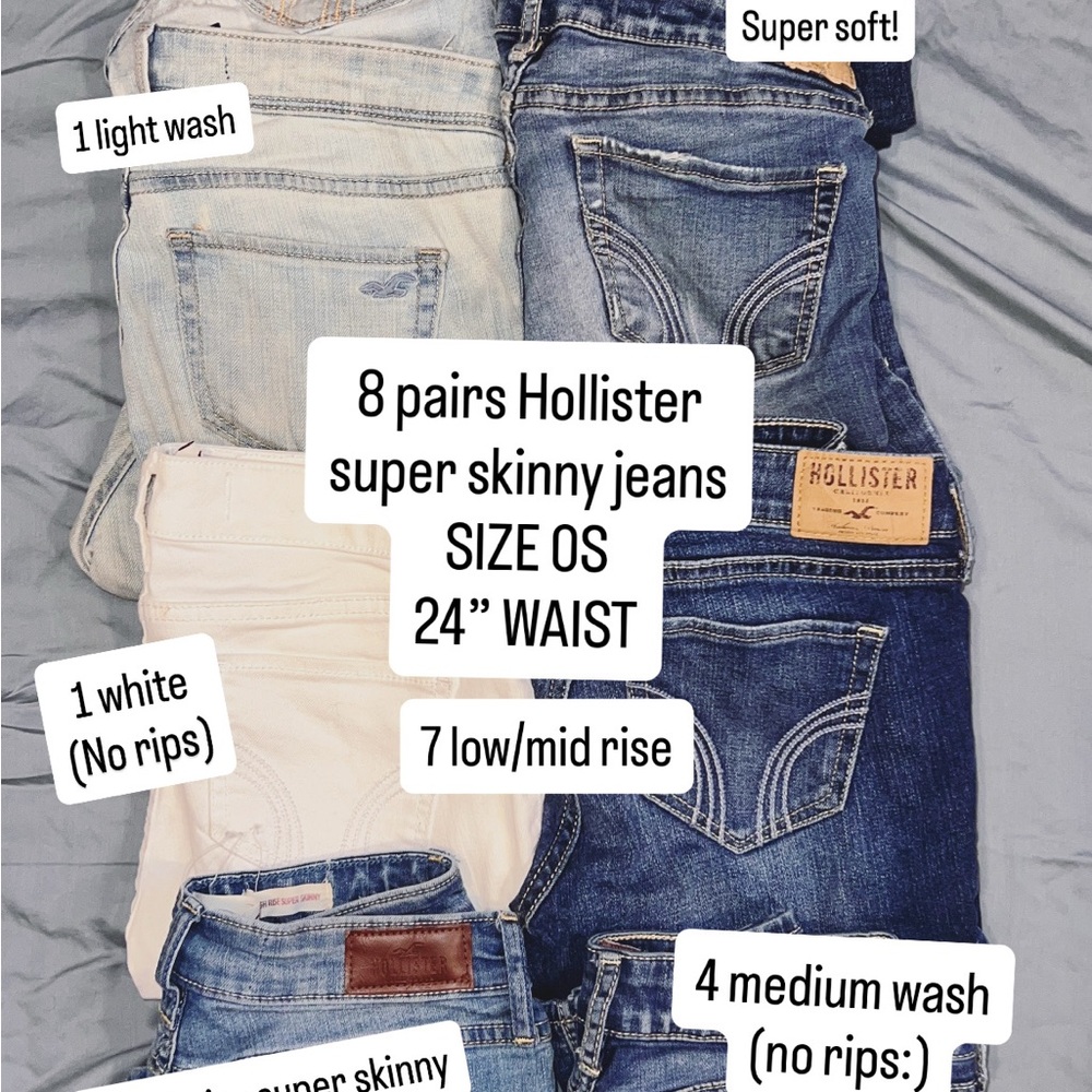 11 pairs Hollister Super Skinny Jeans size 24” waist (10 mid rise, 1 high rise)